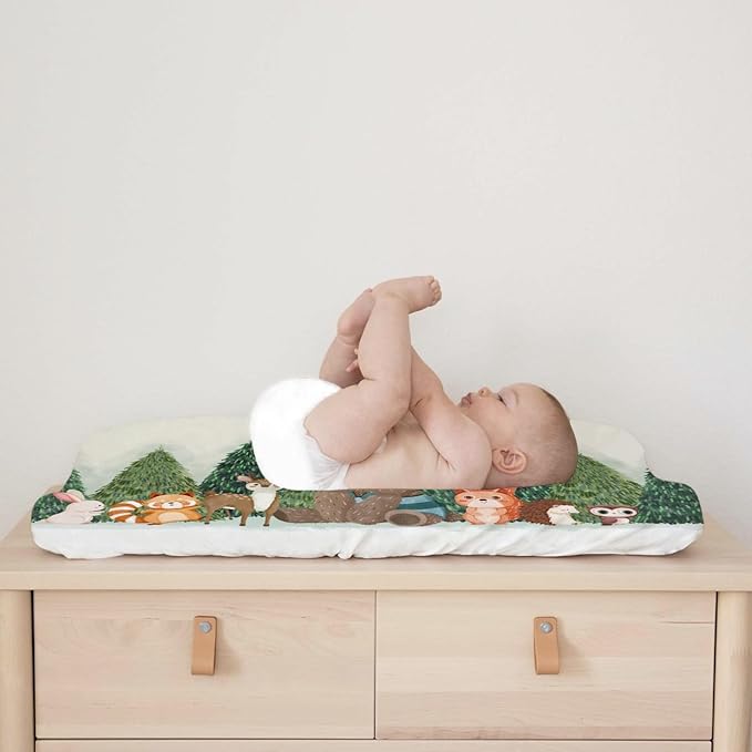 Cute Animals Green Pine Trees Baby Changing Pad Covers Bear Raccoon Squirrel Deer Rabbit Hedgehog Owl Diaper Change Table Cover Sheets for Boys Girls Soft Stretch Changing Table Mats 32''x16''