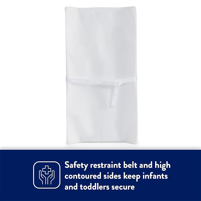 Kolcraft Waterproof Contoured Wipeable Baby Diaper Changing Pad for Dresser or Table, Durable Easy Clean Surface, Soybean Enhanced Foam, Safety Restraint Belt & Straps, Made in USA, White, 16' x 32'