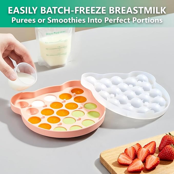 Baby Fruit Feeder& Teether with Freezer Tray Combo, BPA-Free Silicone Food Feeder for 4+ Months, Breastmilk Popsicle Molds for Teething Relief, Dishwasher Safe Baby Food Freezer Tray with Lid