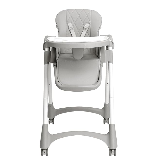 JOYMOR 4 in 1 Folding Baby High Chair for Babies to Toddlers, Infant Eating Foldable Highchair w/Leather Seat Cushion, 4-Position Removeable & Adjustable Tray, 5-Point Harness (Gray)
