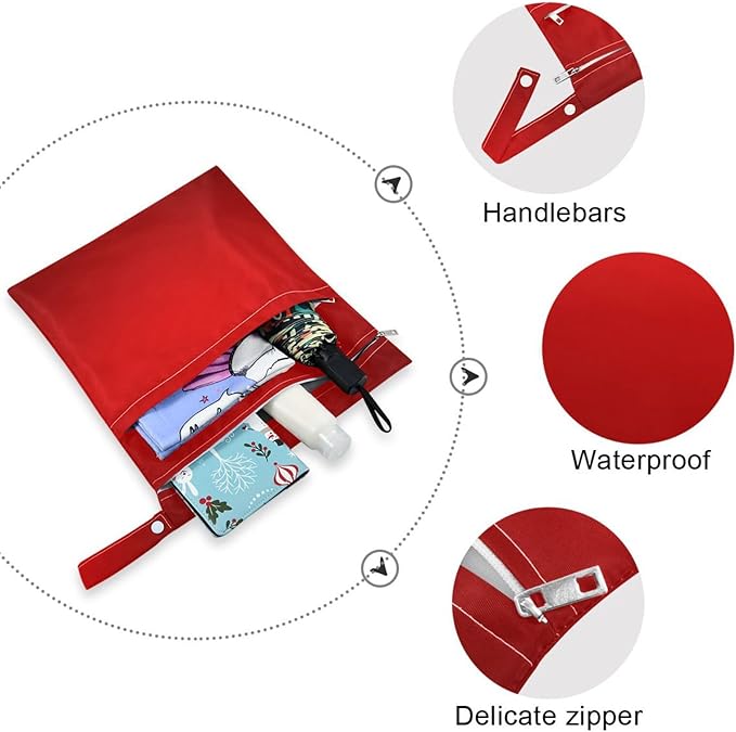 Red Texture Wet Dry Bag for Baby Cloth Diaper Waterproof Reusable Travel Wet Bag with Two Zippered Pockets for Swimsuits, 2 Pcs