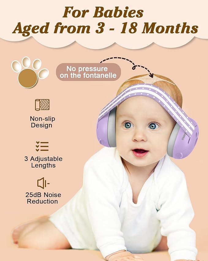 Lilian&Gema 2-in-1 Baby Ear Muffs Noise Protection up to 48 Months - Baby Airplane/Travel Essentials - Adjustable Noise Reduction Earmuffs - Ear Protection Headphones for Infant & Toddler, Purple