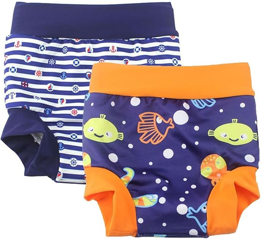 Swim Nappies for Baby Girls and Boys Reusable and Toddler Swim Diaper High-Waisted Swimming Shorts (18-24 Months, Navy+Orange)