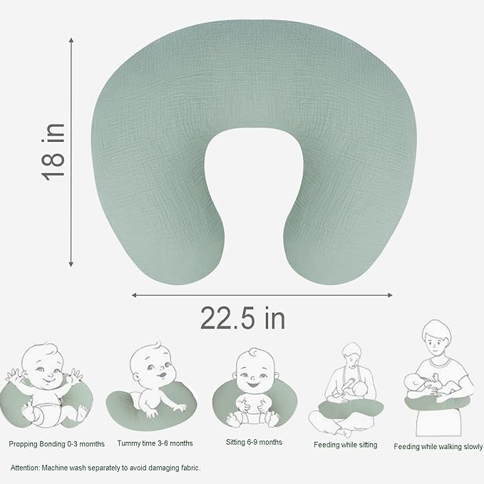 Nursing Pillow Cover - 2-Pack Muslin Cotton Removable Covers for Breastfeeding Pillows, Ultra-Soft Baby Feeding Pillowcase for Boy & Girl, Fits 22.5"x18" Pillows (Green Leaf & Sage Green)