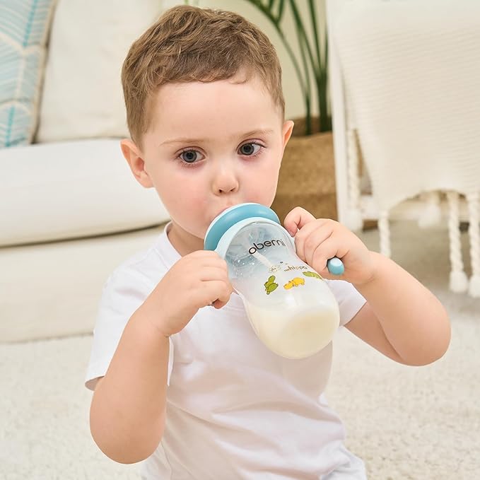 Oberni Baby Bottle 330ml, 11oz Weighted Straw Toddler Milk Feeding Bottle with Size “+” Variable Flow Teat for 12m+, Pink/ 3 Pack