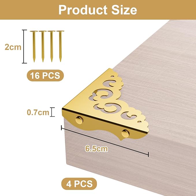 4 Pcs Brass Corner Protectors for Furniture,Retro Style Guard Cabinet Furniture Corner Bumpers for Jewelry Box Gift Box Wooden Case Cabinet Furniture Decorative (Gold)