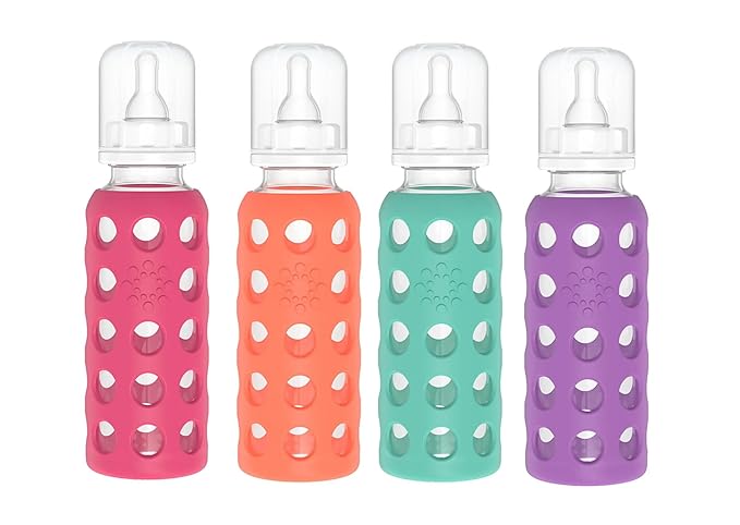 Lifefactory Glass Baby Bottle BPA Free | Protective Silicone Sleeve | 9 oz Pack of 4 | Raspberry, Papaya, Kale, Grape