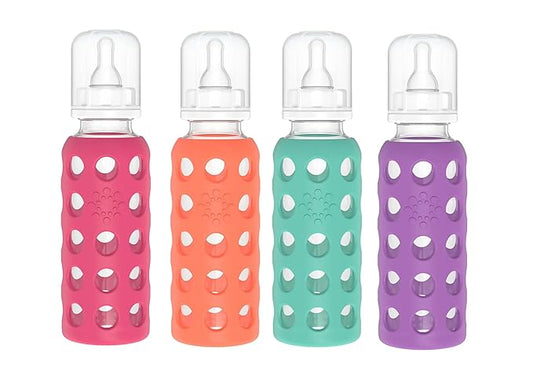 Lifefactory Glass Baby Bottle BPA Free | Protective Silicone Sleeve | 9 oz Pack of 4 | Raspberry, Papaya, Kale, Grape