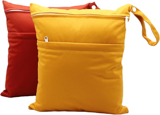 2pcs Cloth Diaper Wet Dry Bags Waterproof Reusable with Two Zippered Pockets Travel Beach Pool Daycare Soiled Baby Items Yoga Gym Bag for Swimsuits or Wet Clothes (3036-2-ginger)