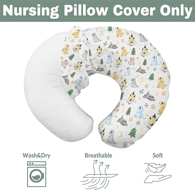 Cute Dragon Fairytale Baby Nursing Pillow Covers for Boy Girl Dragons Eggs Castle Moon Stars Trees Nursing Pillowcase for Breastfeeding Pillows Fantasy Animal Soft Stretchy Slipcover for Newborn
