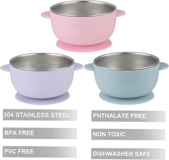 PandaEar 3 Pack Stainless Steel Suction Baby Bowls & 3 Silicone Baby Spoons | Non-Slip Stay Put Bowls & Anti-Choke First Stage Spoons for Toddlers, BPA-Free Baby Led Weaning Set