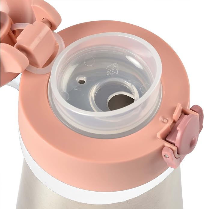 BEABA Kids Stainless Steel Insulated Water Bottle, Kids Water Bottle, Toddler Thermos with Spill Proof Spout and Close Top, Perfect for Travel, (Rose)