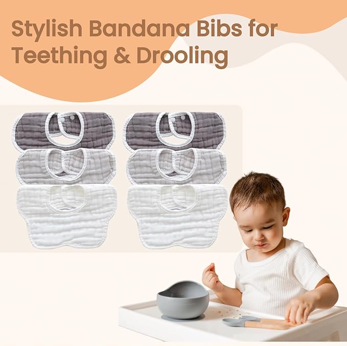 MUKIN Soft Cotton Muslin Baby Bibs 6 Pack | Adjustable Snap Closure for Newborns| Absorbent for Drooling, Teething & Feeding