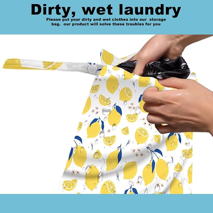 ZHAMEN 2Pcs Wet Bag, Wet Dry Bag Reusable with Zipper, Travel, Beach, Pool, Diapers, Dirty Yoga Gym Clothes, Makeup Bag, Waterproof Wetdry Packing, Summer Lemon Decore (12x10 Inch)