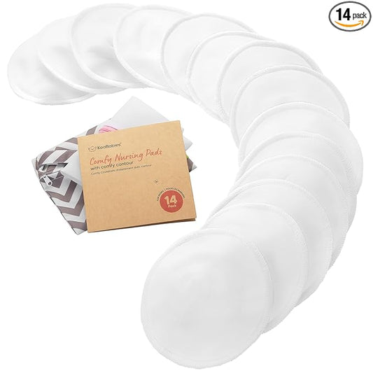 Organic Nursing Pads - 14 Washable Breast Pads for Breastfeeding, Wash Bag, Viscose Derived from Bamboo Reusable Nipple Covers for Breastfeeding Essentials, Soft & Absorbent (Soft White, M 4.6")