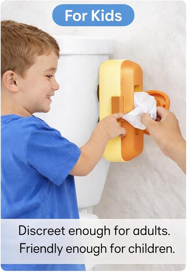 Loo Kids Flushable Wipes Dispenser – Fits Standard Size Flushable Wipes Only – No-Drill Suction Mount Wipe Holder for Toilet Tank, Tile, or Smooth Bathroom Surfaces, Yellow