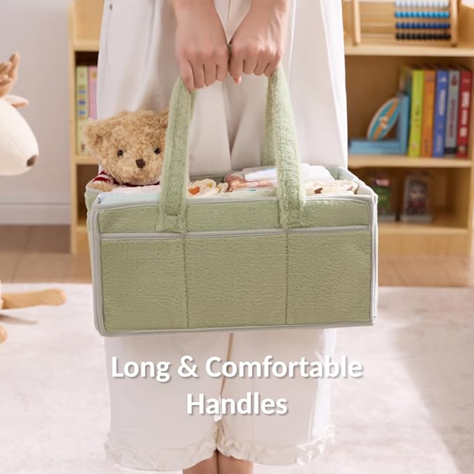 luxury little Soft Baby Diaper Caddy Organizer, Nursery Storage Basket with Removable Divider, Portable Baby Diapers Basket, Gifts for New Parent, Baby Shower (Green)