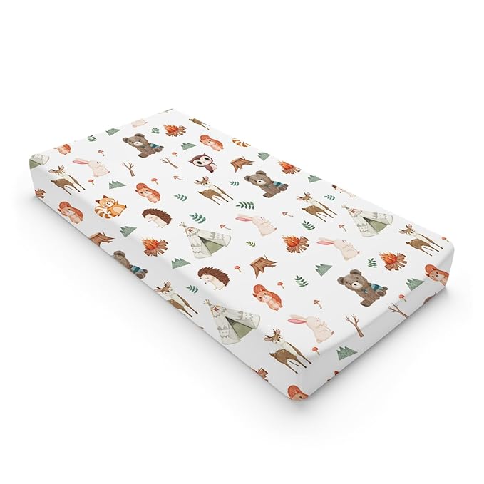 Camping Animals Changing Pad Cover Cute Bear Raccoon Squirrel Deer Rabbit Hedgehog Owl Change Table Cover for Boys Girls Soft Stretch Fitted Diaper Changing Mat Sheets 32''x16''