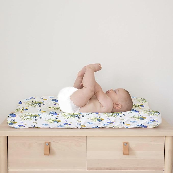 Colorful Undersea Changing Pad Covers Ocean Fishes Jellyfish Sea Weeds Diaper Change Table Pad Sheets for Boys Girls Nautical Marine Life Soft Stretch Fitted Changing Mat Sheets 32''x16''