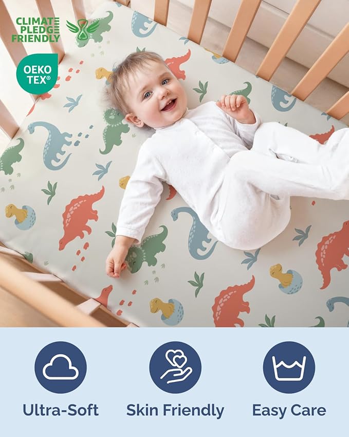 Baby Crib Sheets for Boys & Girls - Pack of 2 Fitted Microfiber Crib Sheets for Standard Crib & Toddler Mattress - Soft, Breathable & Wrinkle Free - Machine Washable, Oeko Tex - 52x28x8in - Dino Land