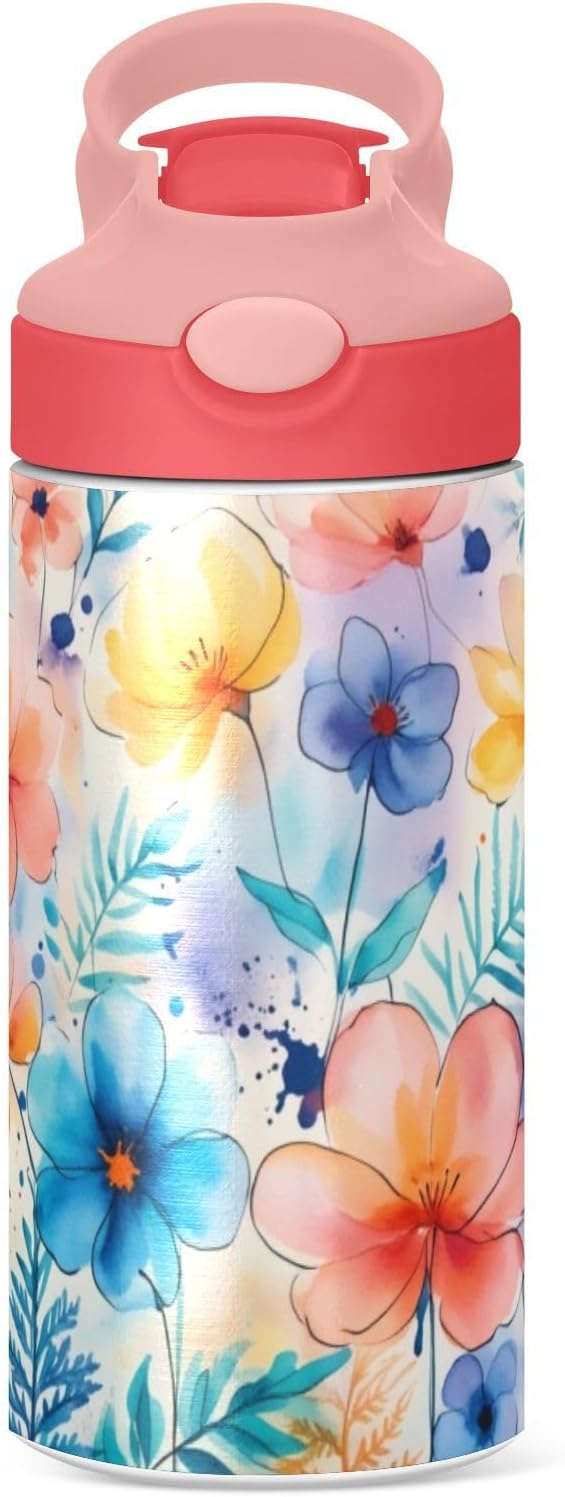 Cute Flowers Girls Water Bottle with Straw and Carry Handle Rainbow Pink Green Purple Vacuum Insulated Stainless Steel Bottles Leak-Proof for Boys Kids Toddler 12 oz Pink Lid