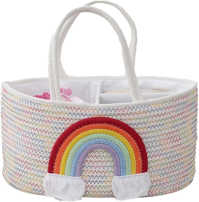 Diaper Caddy Organizer for Changing Table, Cotton Rope Baby Storage Basket for Diaper Wipes, Car Caddy Organizer, Nursery Diaper Organizer With Divider, Portable Diaper Storage -Rainbow