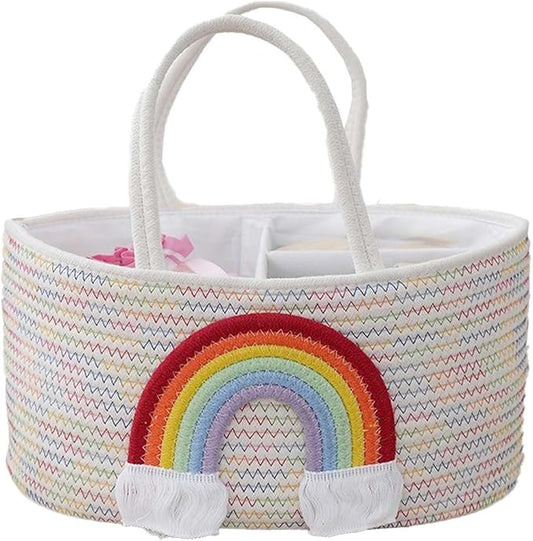 Diaper Caddy Organizer for Changing Table, Cotton Rope Baby Storage Basket for Diaper Wipes, Car Caddy Organizer, Nursery Diaper Organizer With Divider, Portable Diaper Storage -Rainbow