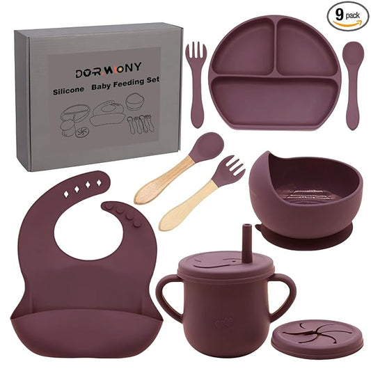 100% Silicone Baby Feeding Set, BPA Free Dishes With Suction Bowl, Divided Plate, Toddler Self Feeding Utensils, Spoons, Forks, Sippy Cup and Bib (Dark Red)