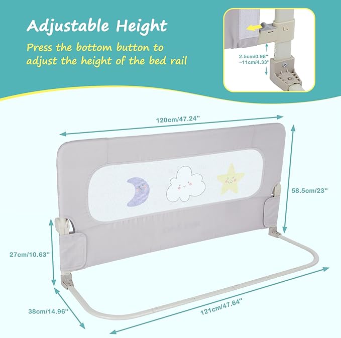 welspo Bed Rail for Toddlers, Foldable Swing Down Baby Bed Rail Guard, Extra Tall Child Safety Bedrail, Fits Twin Full Queen Bunk Beds(Grey, 47inch)