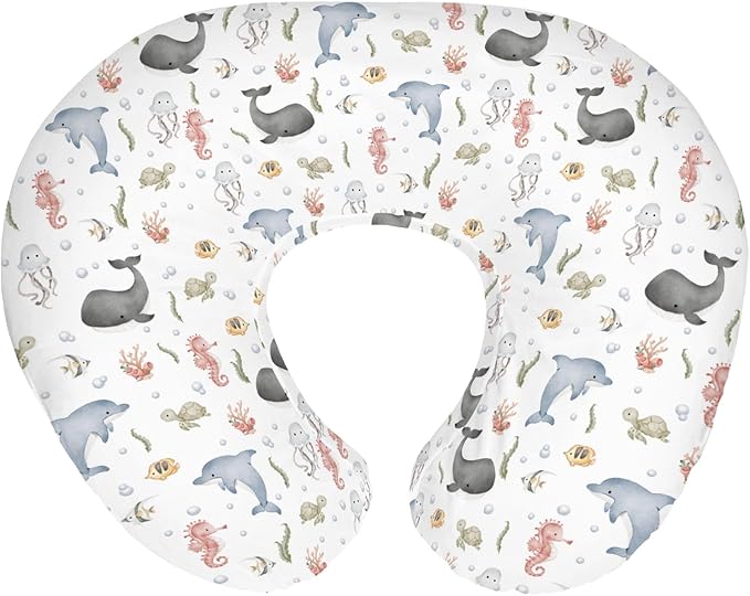 Watercolor Sea Animals Baby Nursing Pillow Covers for Boy Girl Whale Dolphin Turtle Jellyfish Coral Nursery Pillowcase for Breastfeeding Pillows Ocean Marine Soft Stretchy Slipcover for Newborn Infant