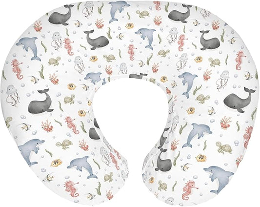 Watercolor Sea Animals Baby Nursing Pillow Covers for Boy Girl Whale Dolphin Turtle Jellyfish Coral Nursery Pillowcase for Breastfeeding Pillows Ocean Marine Soft Stretchy Slipcover for Newborn Infant