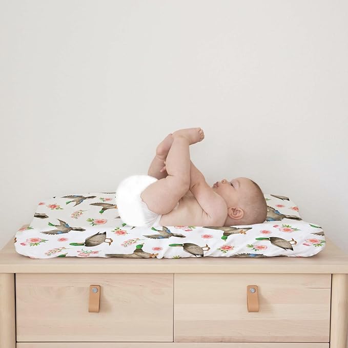 Hunting Wild Duck Boho Floral Baby Changing Pad Cover for Boy Girl 32''x16'' Mallard Duck Flowers Unisex Fitted Diaper Change Table Sheets Comfort Soft Breathable Nursery Changing Table Sheets Mats