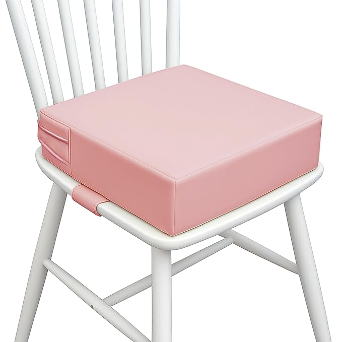Toddler Booster Seat for Dining Table – PU Washable Cushion with Double Safe Straps, Non-Slip Bottom, Portable Travel Booster Seat for Toddlers (Pink)