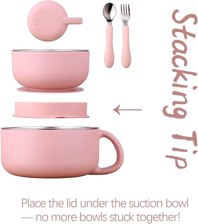 Bakpoco Kids Dinnerware Set - 6 Piese Toddler Plates and Suction Bowls Set with Kids Utensils&Cup, 2 IN 1 Stainless Steel & Silicone Baby Self Feeding Supplies, Blush