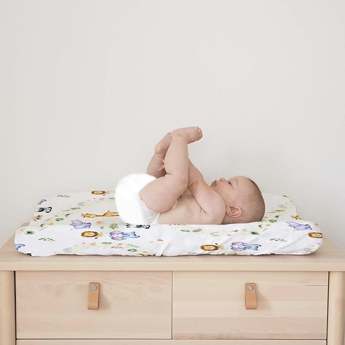 Jungle Safari Animals Tropical Leaves Flowers Changing Pad Covers Lion Elephant Zebra Giraffe Hippo Diaper Change Table Sheets for Girl Boy Soft Stretchy Fitted Changing Mat Sheets 32''x16''
