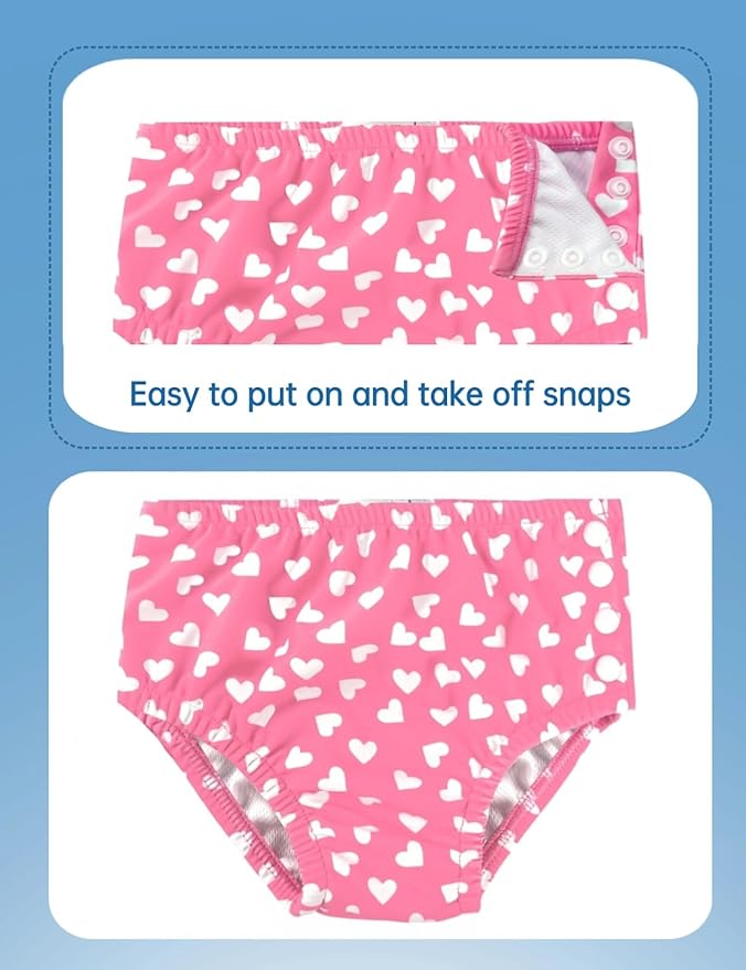 weVSwe Reusable Swim Diapers 6-12 Months 50+ for Baby Infant Girl Waterproof Diapers Snap Adjustable Swimming Diaper Pink Heart