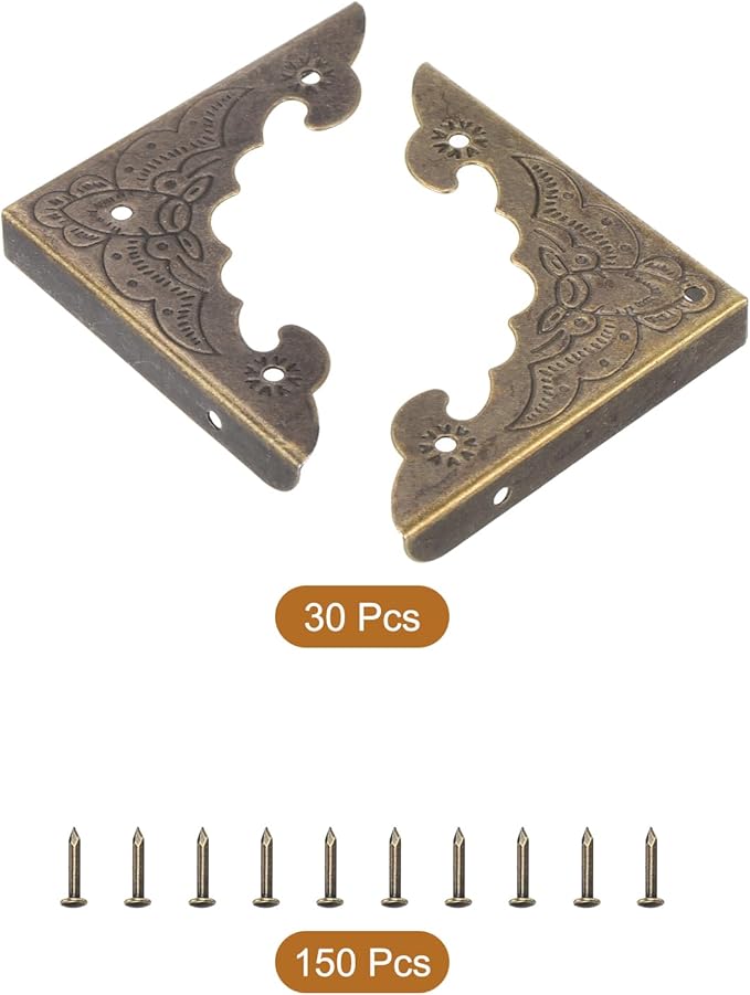 uxcell 30pcs Vintage Corner Protector 1.6"x1.5"x0.2" Decorative Metal Edge Corner Protectors Brackets with Mounting Nails for Box Wooden Case Chest Table Desk Bronze