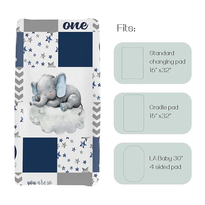 HawSkgFub Sleeping Elephant Stars Changing Pad Cover for Baby Boys Navy Blue, Dream Big Little One Diaper Change Table Covers, Soft Stretchy Safe Snug Fitted Changing Mat Sheets Fit 32"/34" x 16"