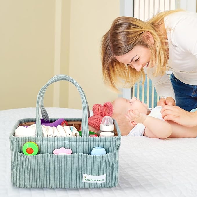 Buzz&Bloom Baby Diaper Caddy Organizer, Stylish Storage Basket for Newborn Essentials and Diaper Station, Gift for Baby Shower and Registry Must-Have (Sage)