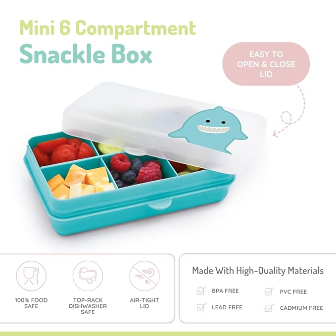 melii Snackle Box | 6-Compartment Divided Snack Container, BPA-Free Food Storage with Removable Dividers for School, Travel & On-the-Go Snacking (Shark)
