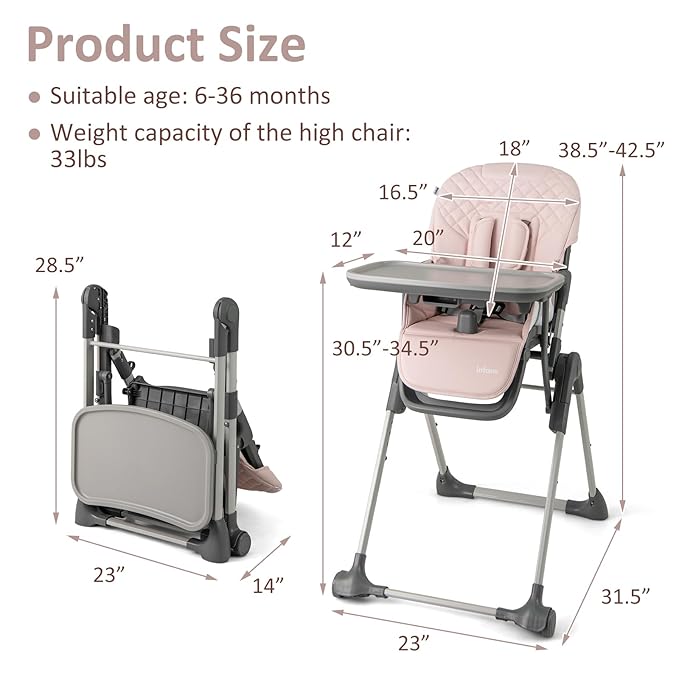 INFANS Baby High Chair, Convertible Quick Folding Portable Highchair for Babies and Toddlers with Adjustable Height Backrest Footrest 2 Wheels Removable Tray, Easy to Clean PU Seat