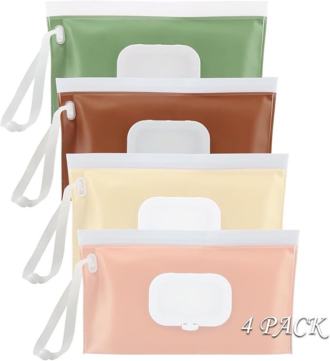 Reusable Wipes Pouch, 4 Pack Wipe Holder for Diaper Bag, Portable Refillable Wipes Container Dispenser for Travel & Home Use
