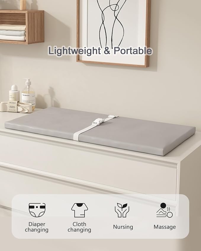 YACODAVO Wipeable Baby Changing Pad for Dresser and Table, Cozy Diaper Changing Pad with Waterproof & Wipe-Clean Leather Cover, Standard Size (31.5" L x 15.8" W), Grey