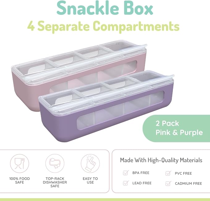 melii Snackle Box | 4 Compartment Divided Snack Container with Individual Lids, Kids Lunch & Travel Food Storage Organizer, BPA-Free, 2-Pack (Pink + Purple)