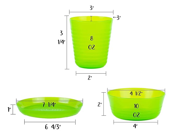 Kids Plastic Dinnerware Set of 18 Multi Color Pieces (Plates, Bowls, and Cups) - Reusable, BPA-Free, Dishwasher Safe and Microwaveable