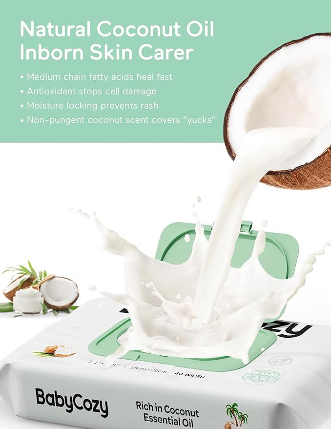 Baby Wipes, Cleansing & Moisturizing 2-in-1 Babycozy Sensitive, 100% Plant Fiber & Biodegradable, Hypoallergenic Baby Coconut Wipes Moisturize Every Cleanse, 240 count (6 pack)