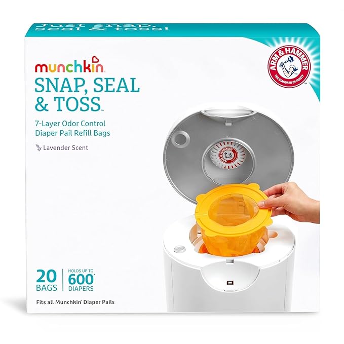 Munchkin UV Diaper Pail Refill Rings 272 Count Pack of 2, Diaper Pail Refill Bags Holds 600 White 20 Count