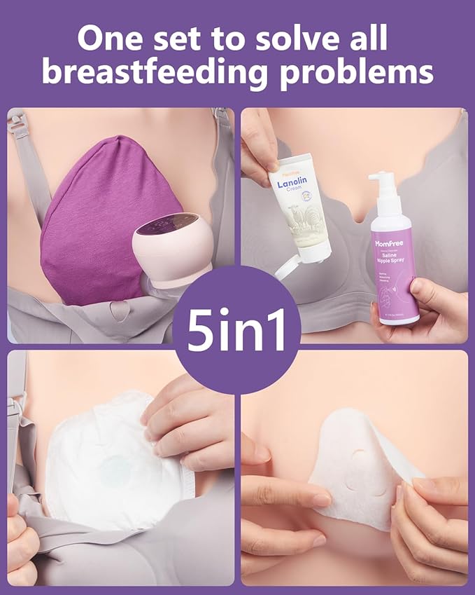 Breastfeeding Essentials Kit for Nursing Moms Nipple Relief, 60 Piece Gift Set with Reusable Hot and Cold Breast Therapy Packs/Hydrogel Nipple Pads/Lanolin cream/Disposable Nursing Pads/Saline Spray