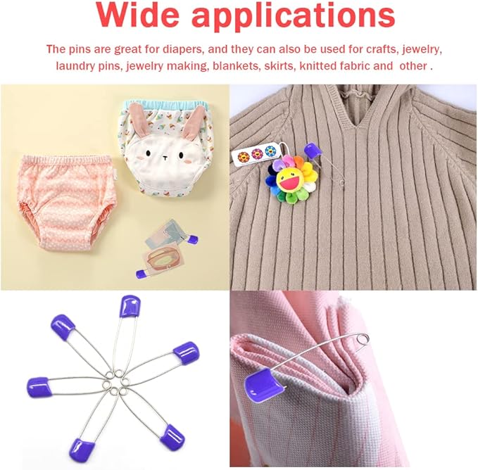 50 PCS Safety Pin 54mm/2.2in Baby Diaper Pins for Cloth Plastic Head Baby Pins for Diapers Stainless Steel Cloth Pins with Locking Closures Nappy Pin for Crafts（DT/Purple）