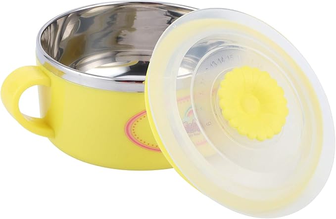 Zerodis 304 Stainless Steel Toddler Bowl with Double Layer Heat Insulation, Cartoon Design, Lid and Handles - Feeding Tableware (Yellow)